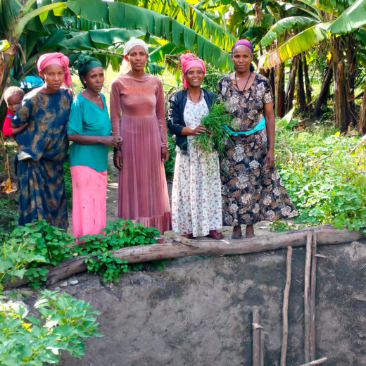 Five Ethiopian women stand proudly in front of a rough well wall. One is holding some crops and grinning at the camera. Another has a young child tied on her back.