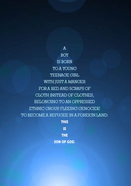 A word poem in the shape of a Christmas tree, telling of Jesus' birth. It is in pale text on a dark blue gradient background with white bokeh circles fading up the image.